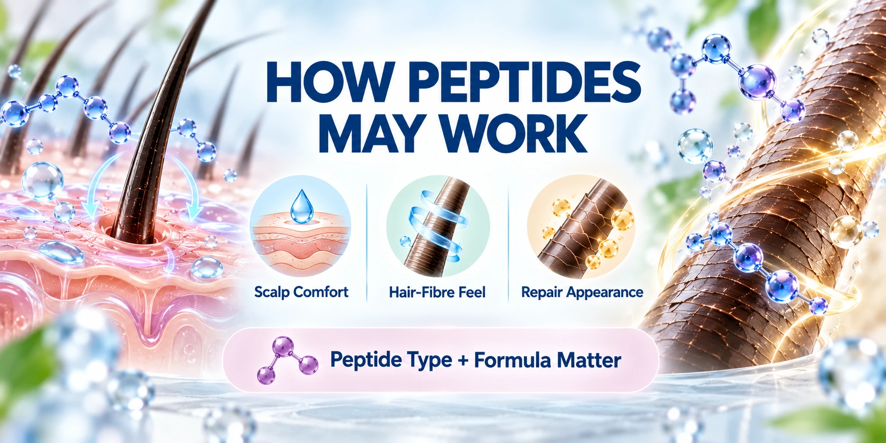 How Peptides Work for Hair & Scalp How peptides may work cosmetically on hair and scalp through scalp comfort and hair-fibre support