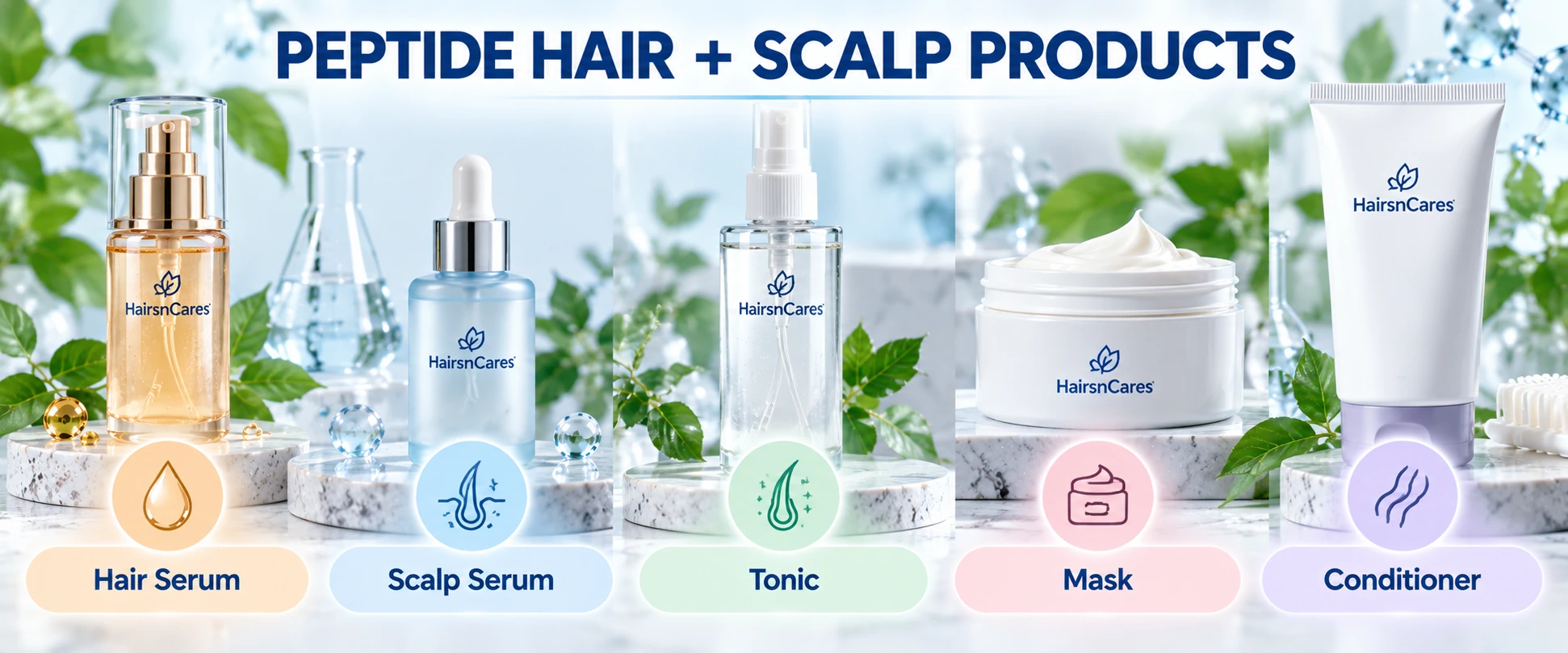 Peptide Hair & Scalp Products HairsnCares peptide hair and scalp product formats including serum tonic mask and conditioner