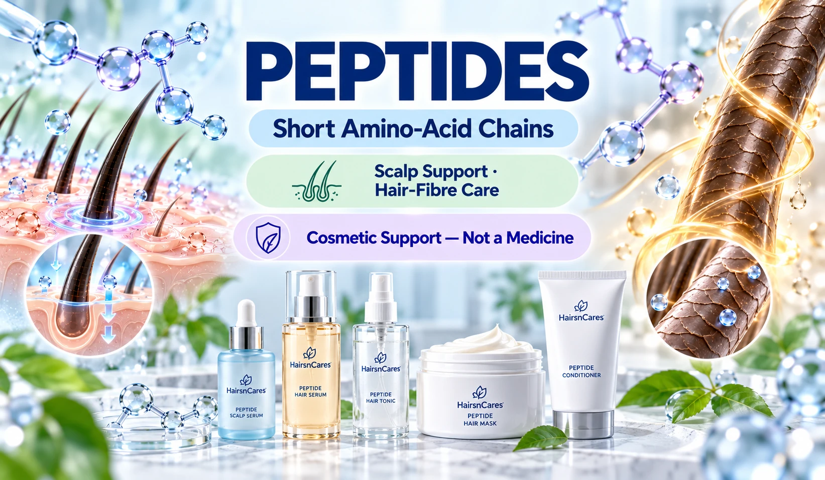 Peptides ingredient visual showing peptide molecules with hair and scalp for dermatologist-reviewed haircare guidance