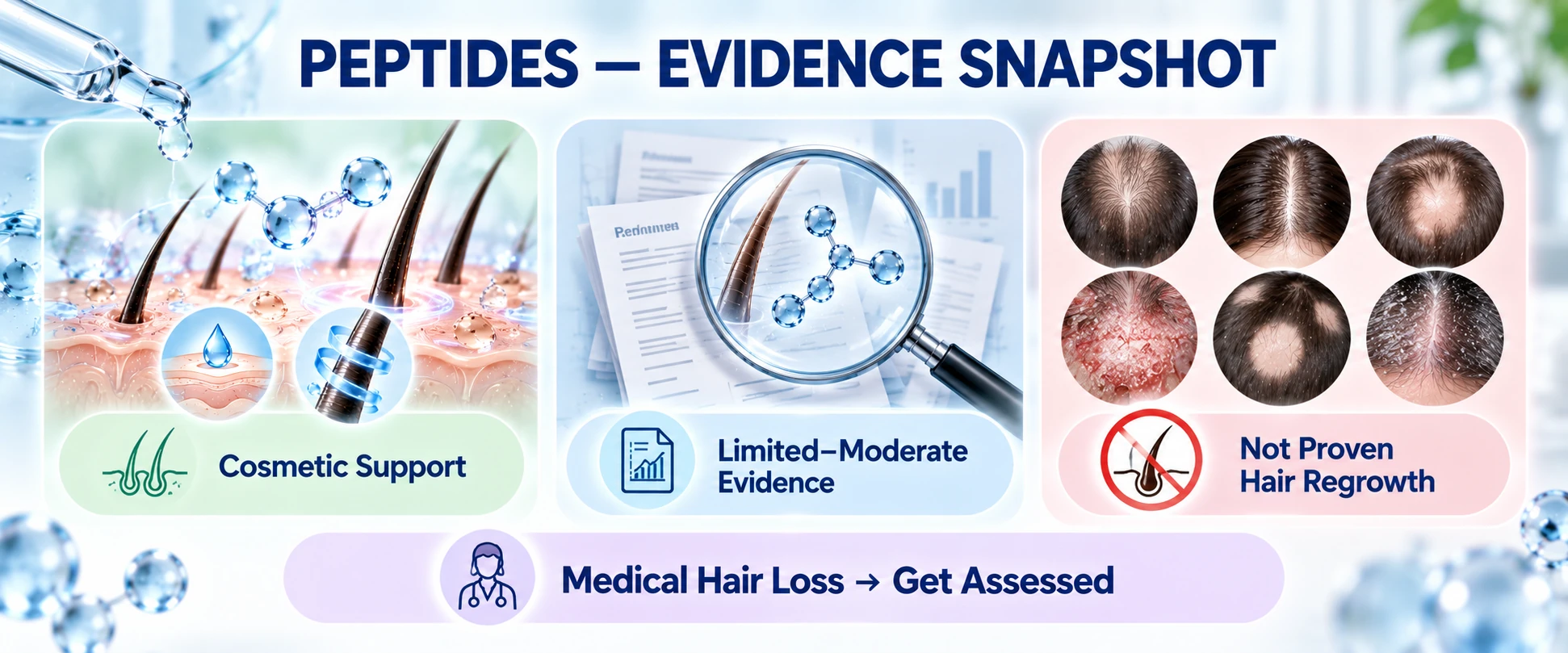 Peptides for Hair – Evidence Snapshot Peptides hair evidence snapshot showing limited to moderate cosmetic support and no proven medical hair-regrowth treatment