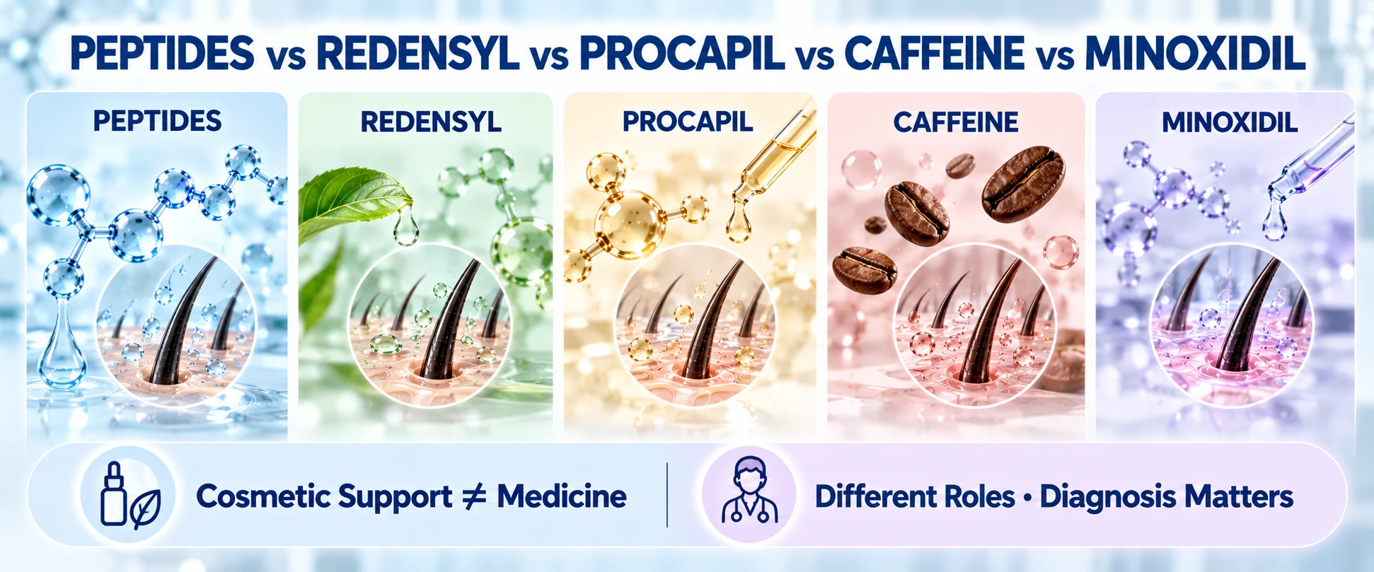 Peptides vs Redensyl vs Procapil vs Caffeine vs Minoxidil Peptides compared with Redensyl Procapil caffeine and Minoxidil by cosmetic versus medicine role