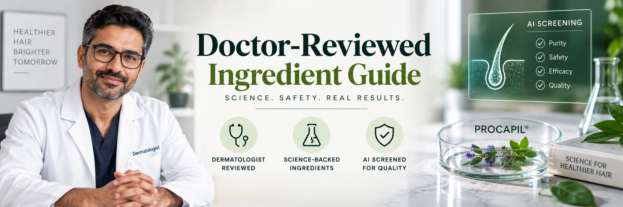Doctor-Reviewed Ingredient Guide — Procapil Dermatologist-reviewed Procapil ingredient guide with AI screening visual for hair-care ingredient quality and safety.