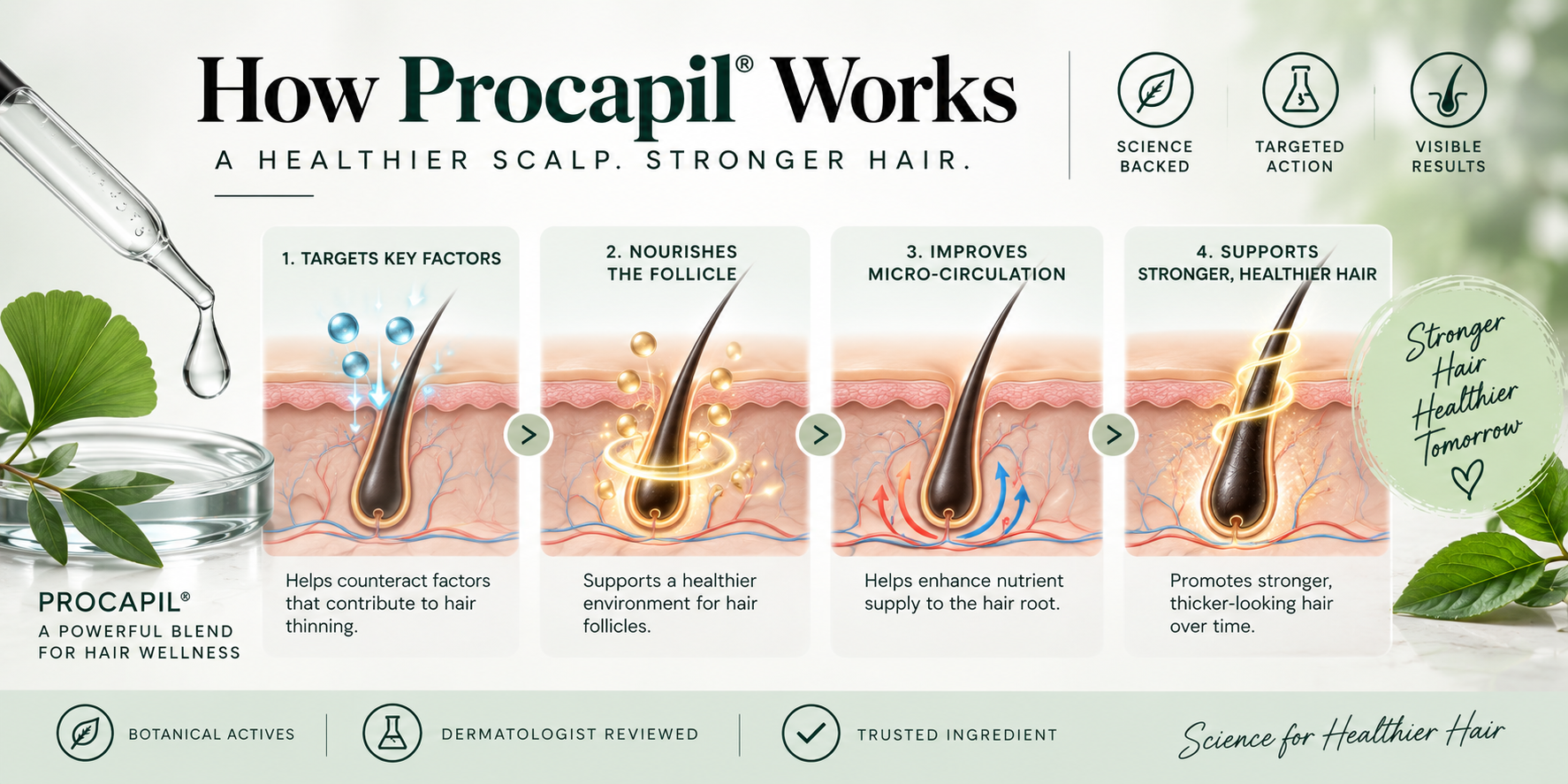 How Procapil Works — Mechanism Visual Illustrated diagram showing how Procapil works on hair follicles and scalp to support healthier-looking hair.