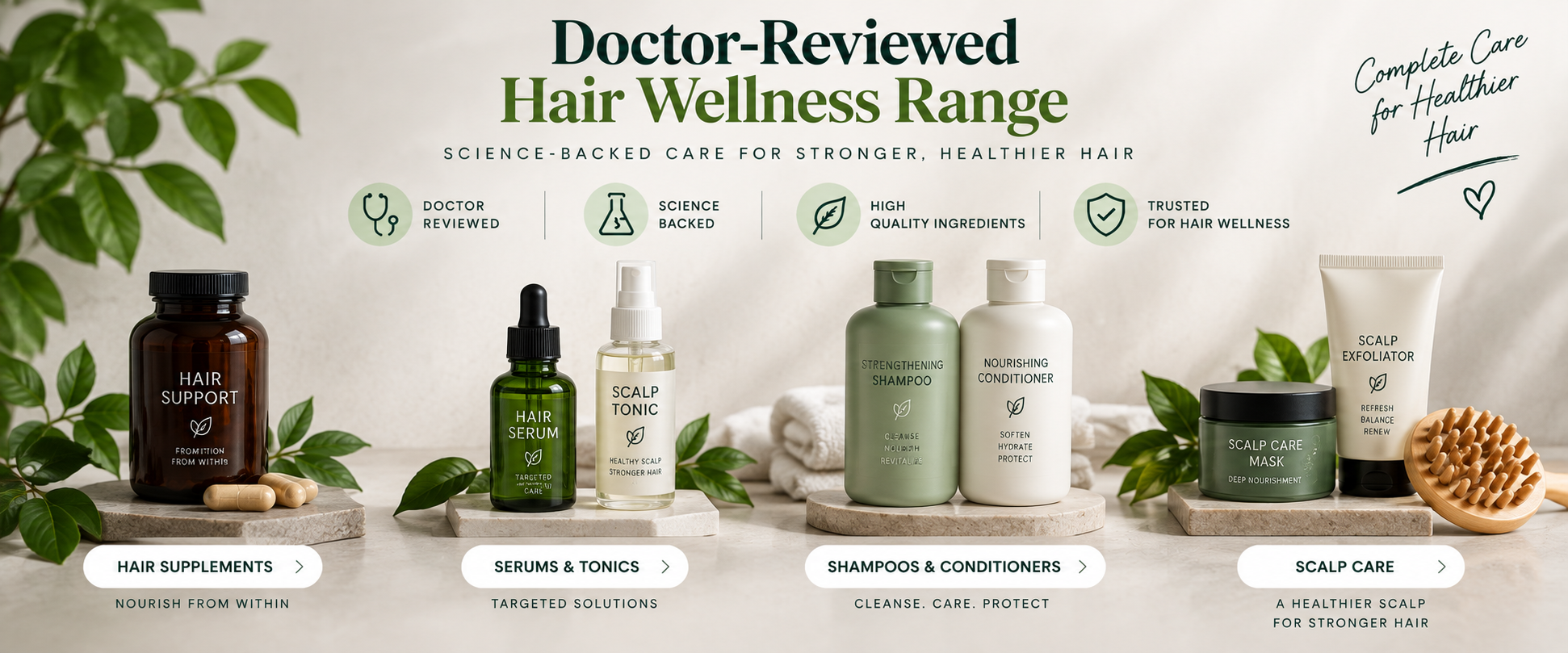 Shop Strip — Related Hair Wellness Range Doctor-reviewed product categories related to Procapil, including hair supplements, serums, shampoos, conditioners, and scalp care.