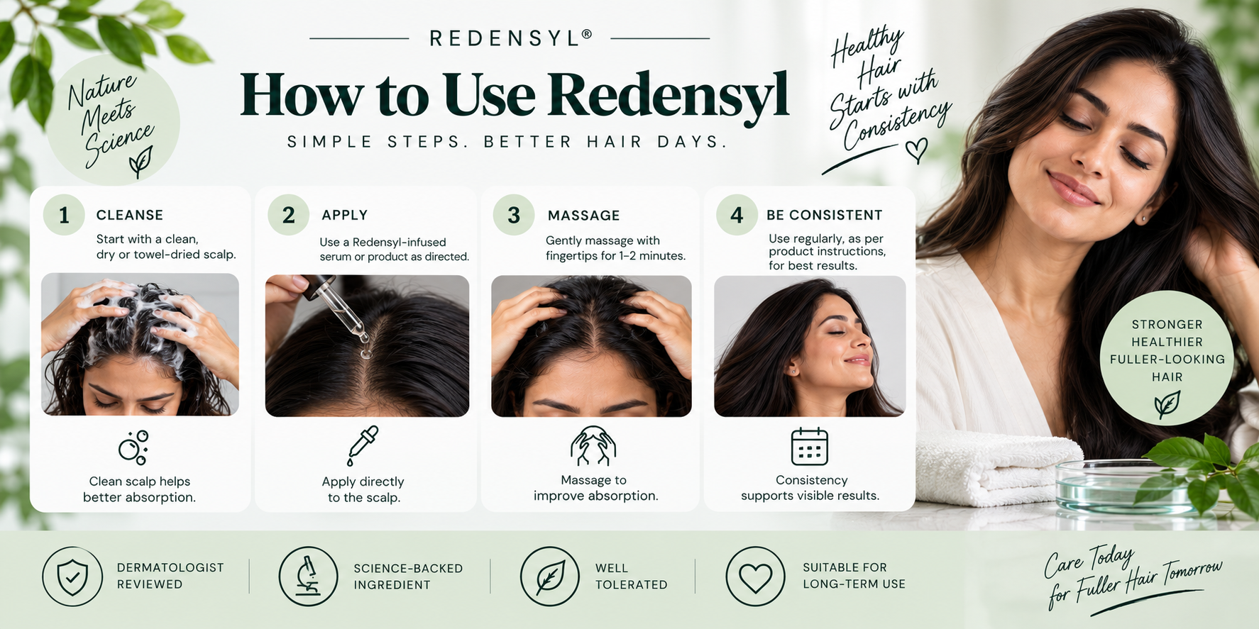 How to Use Redensyl — Illustrated Steps Step-by-step illustrated guide showing how to use Redensyl safely on the scalp.