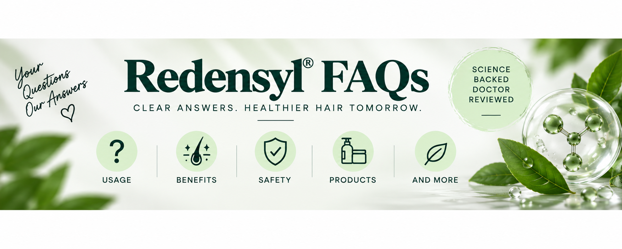 Redensyl FAQs Redensyl FAQs banner covering usage, benefits, safety, and product information.