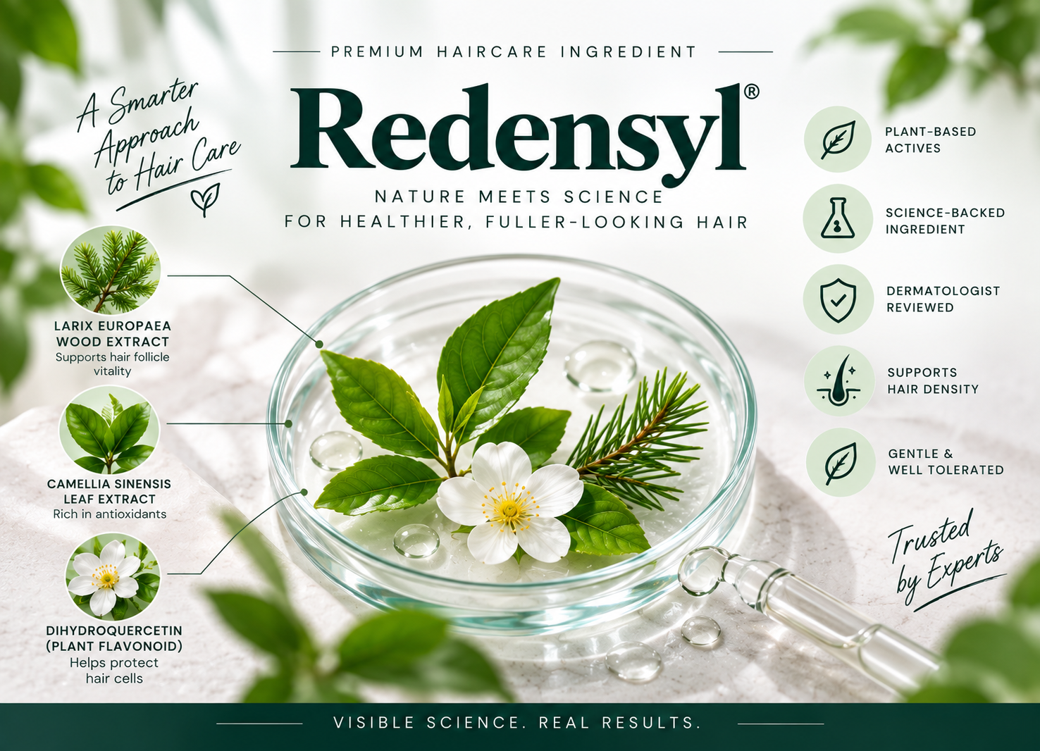 Premium Redensyl ingredient visual featuring botanical extracts and science-backed haircare imagery.