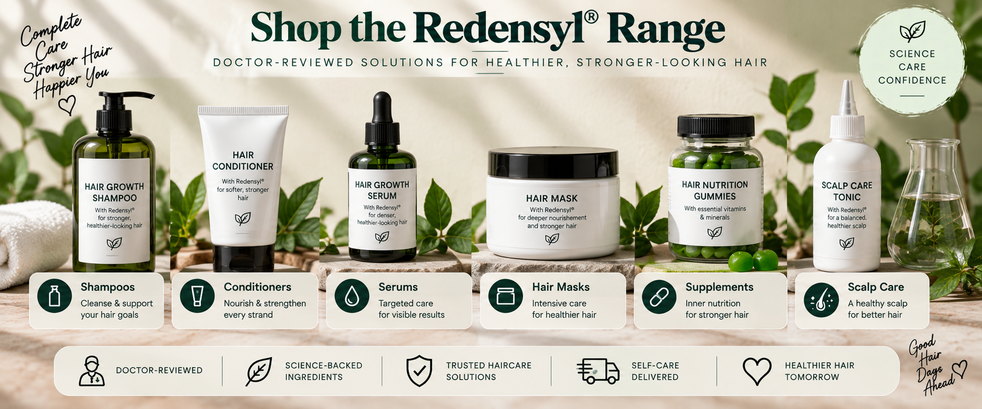 Shop Redensyl Haircare Range Doctor-reviewed Redensyl haircare product range with shampoos, conditioners, serums, hair masks, supplements, and scalp care.