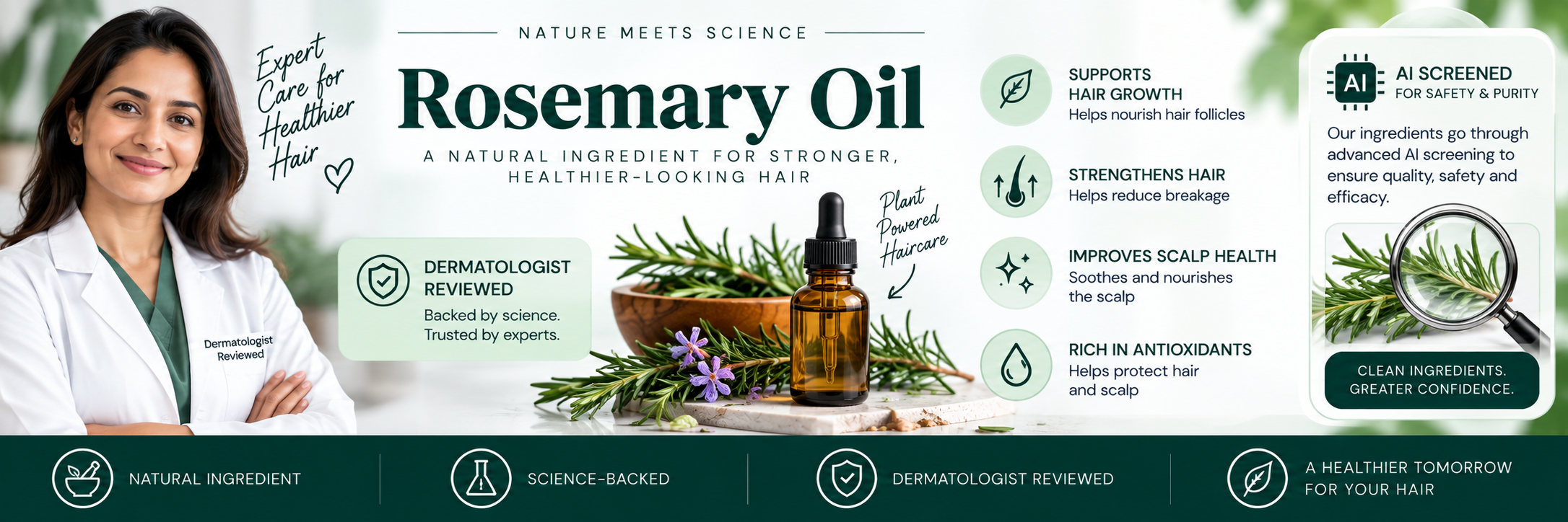 Doctor-Reviewed Rosemary Oil Guide — Trust Visual Dermatologist-reviewed rosemary oil guide with AI screening and science-focused haircare visuals.