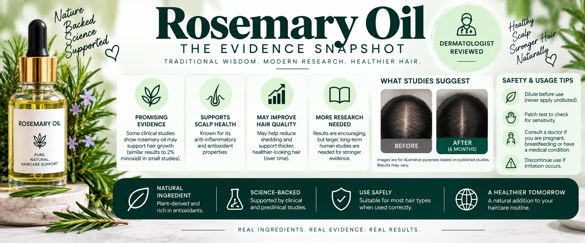 Rosemary Oil Evidence Snapshot for Haircare Evidence level snapshot for Rosemary Oil in haircare.