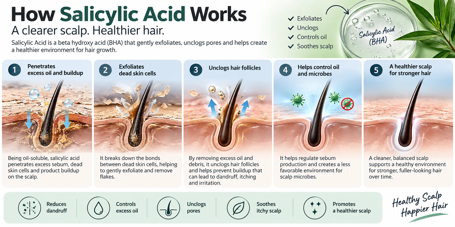 How Salicylic Acid Works on the Scalp How Salicylic Acid works on hair and scalp, illustrated