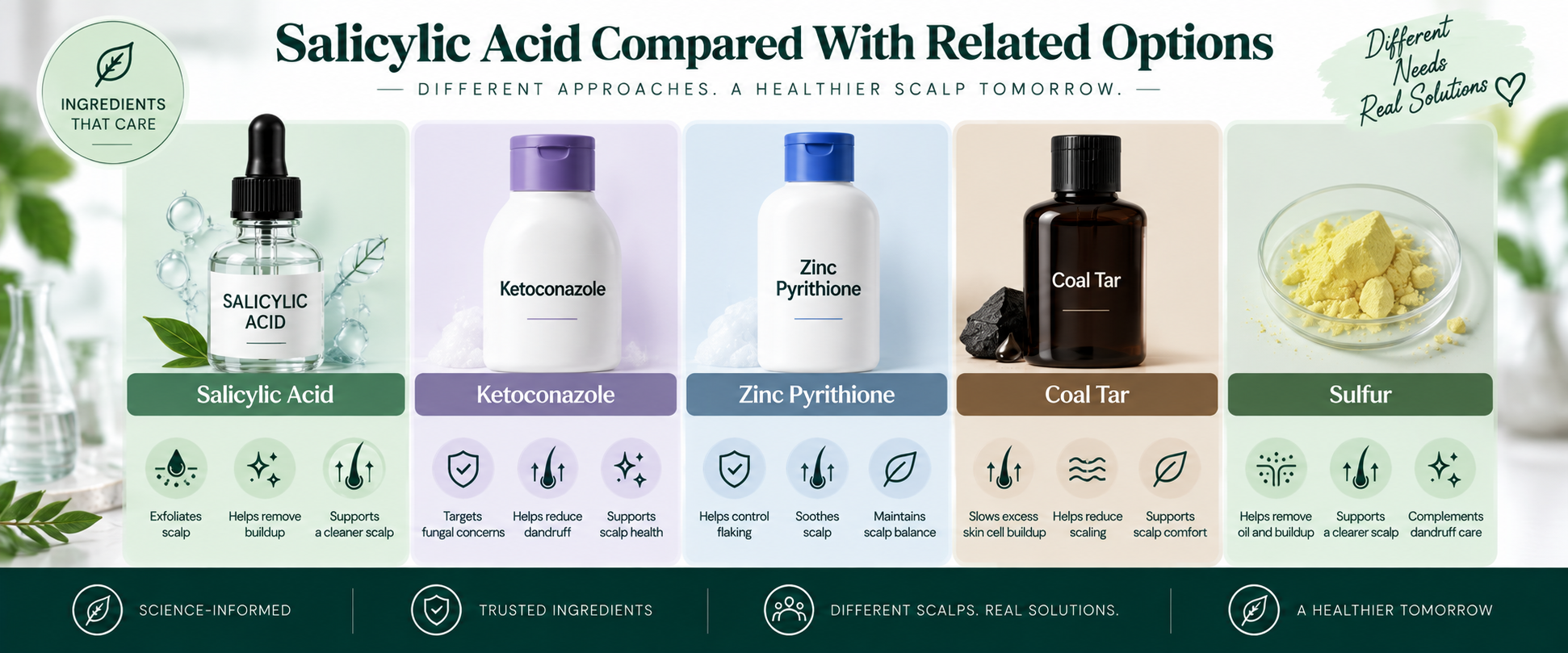 Salicylic Acid Compared With Related Options Salicylic Acid compared with related scalp-care ingredients including ketoconazole, zinc pyrithione, coal tar, and sulfur.