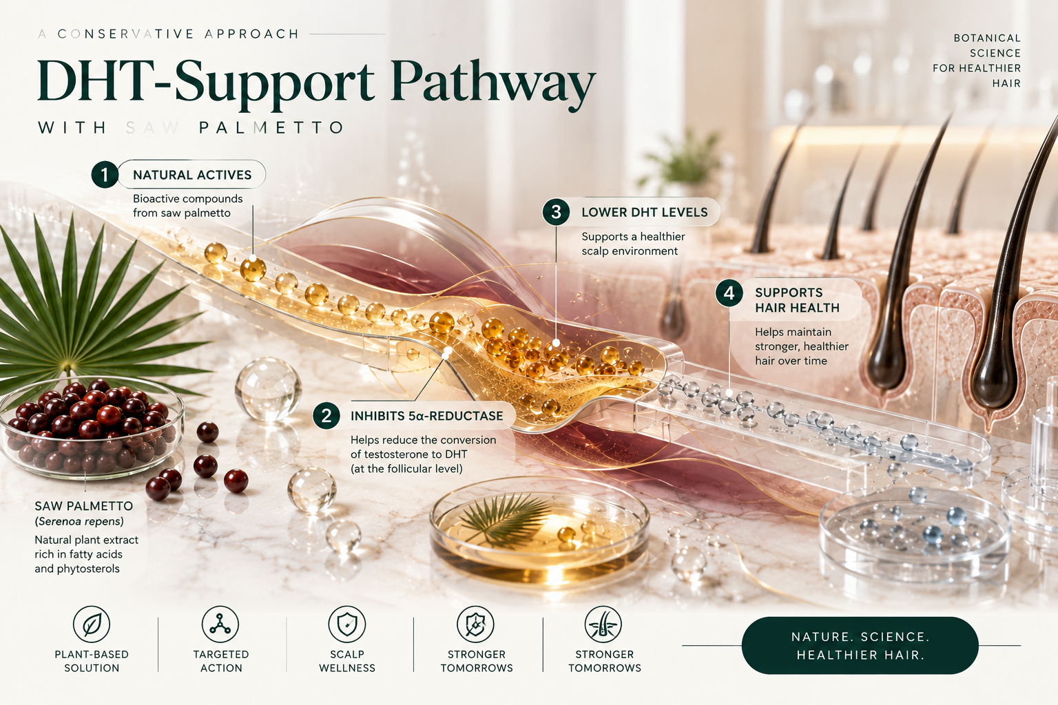 Saw Palmetto represented conceptually as a restrained botanical DHT-support pathway