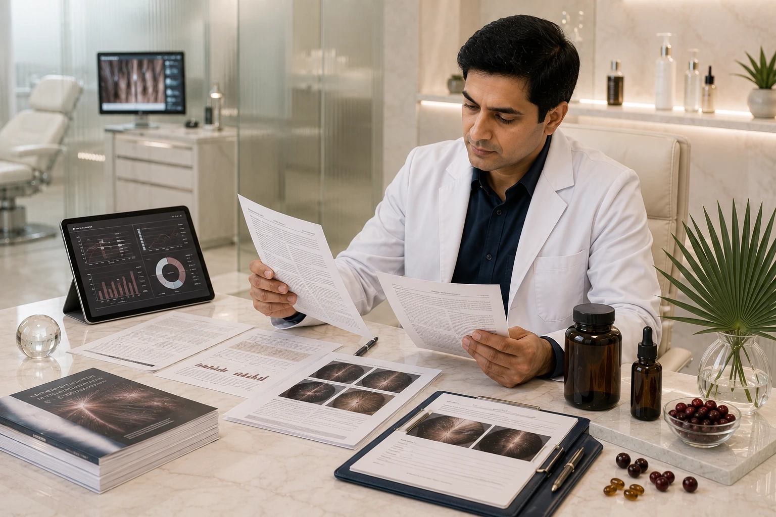 Dermatologist reviewing research evidence for Saw Palmetto hair support