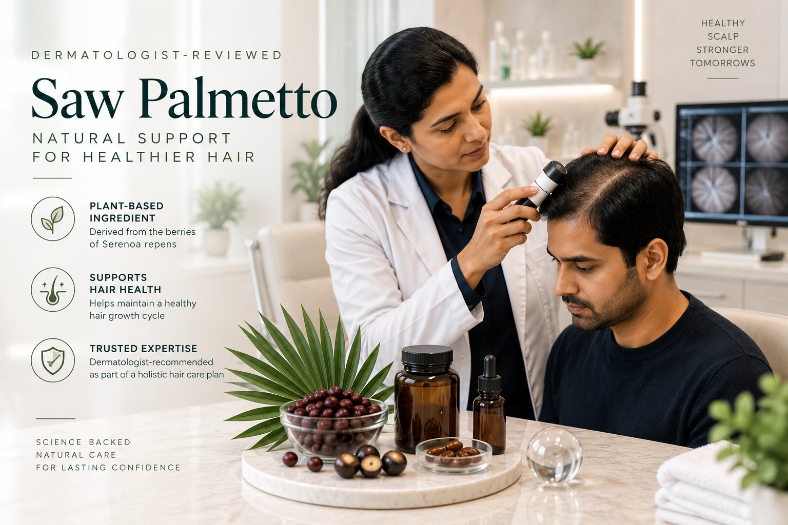 Dermatologist assessing male pattern hair thinning before considering Saw Palmetto hair support