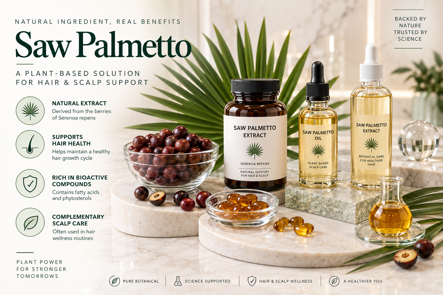 Saw Palmetto botanical extract represented in supplement serum and hair tonic formats