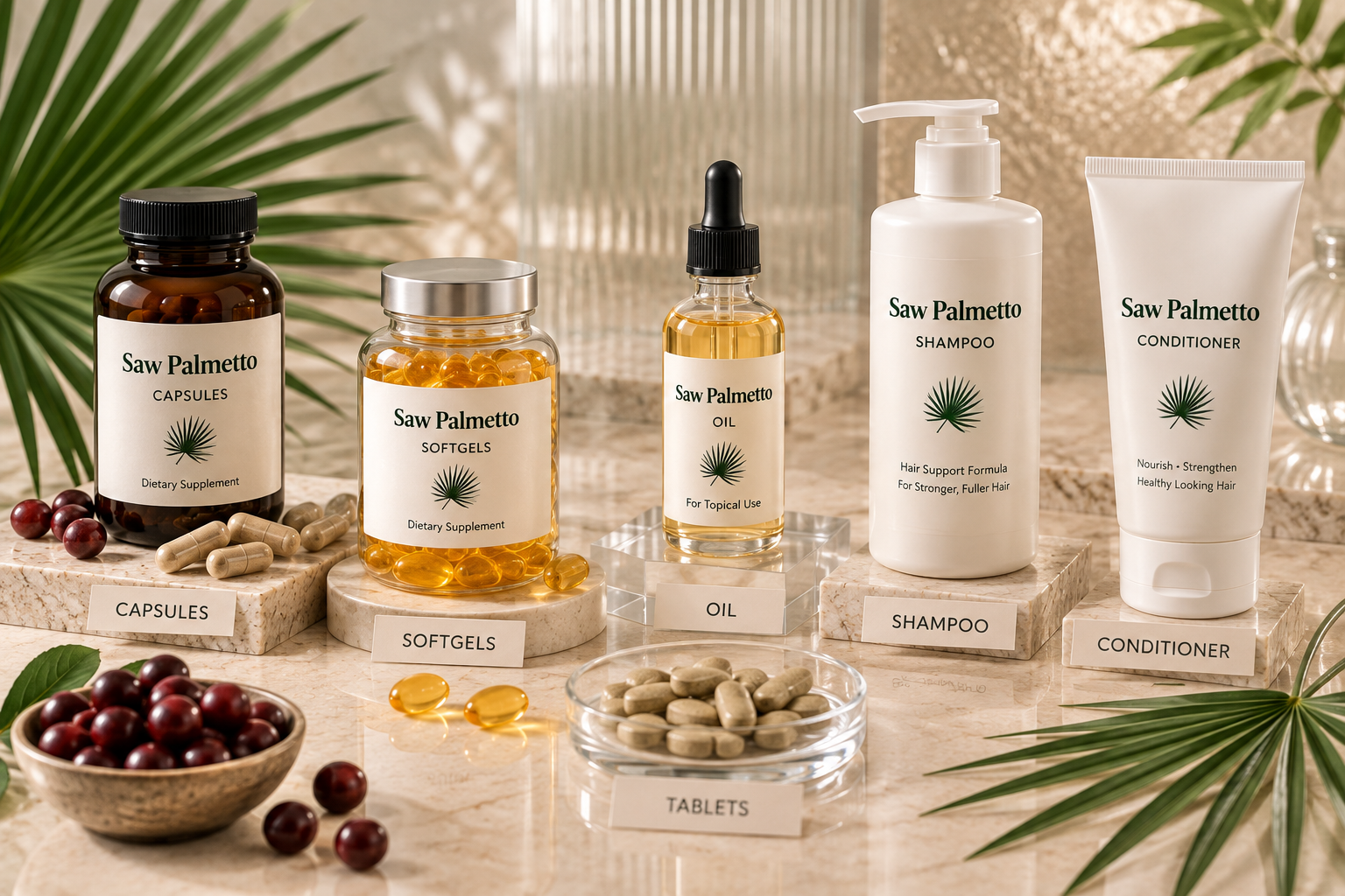 Unbranded Saw Palmetto supplement serum tonic and botanical hair-support formats
