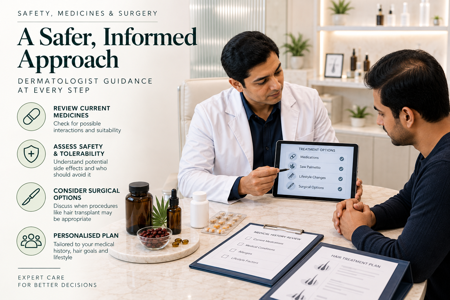 Doctor reviewing medicines bleeding risk and surgery plans before Saw Palmetto supplementation