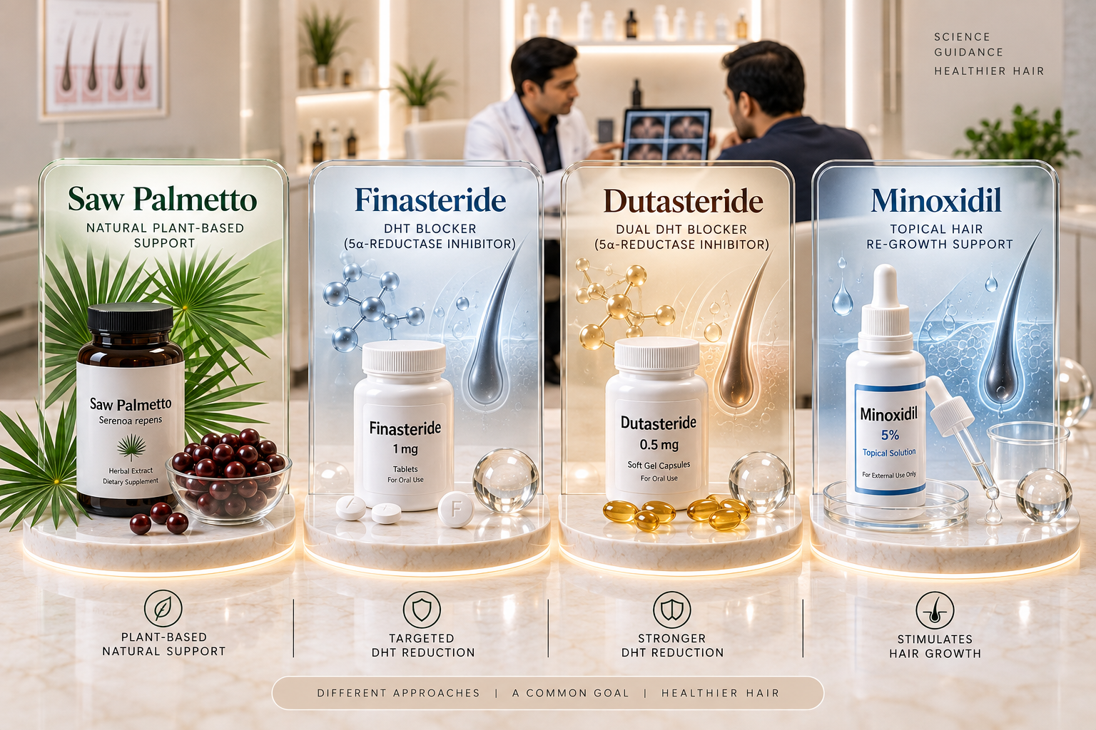 Saw Palmetto Finasteride Dutasteride and Minoxidil shown as different botanical and medical hair-loss pathways