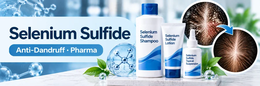 Selenium sulfide anti-dandruff shampoo, lotion, and topical suspension with labelled product bottles and scalp illustrations showing dandruff, flaking, and scalp care.