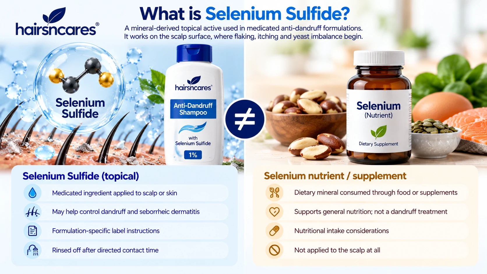 What Is Selenium Sulfide? Topical Ingredient vs Selenium Nutrient Topical Selenium Sulfide anti-dandruff scalp ingredient compared with dietary selenium nutrient and supplements