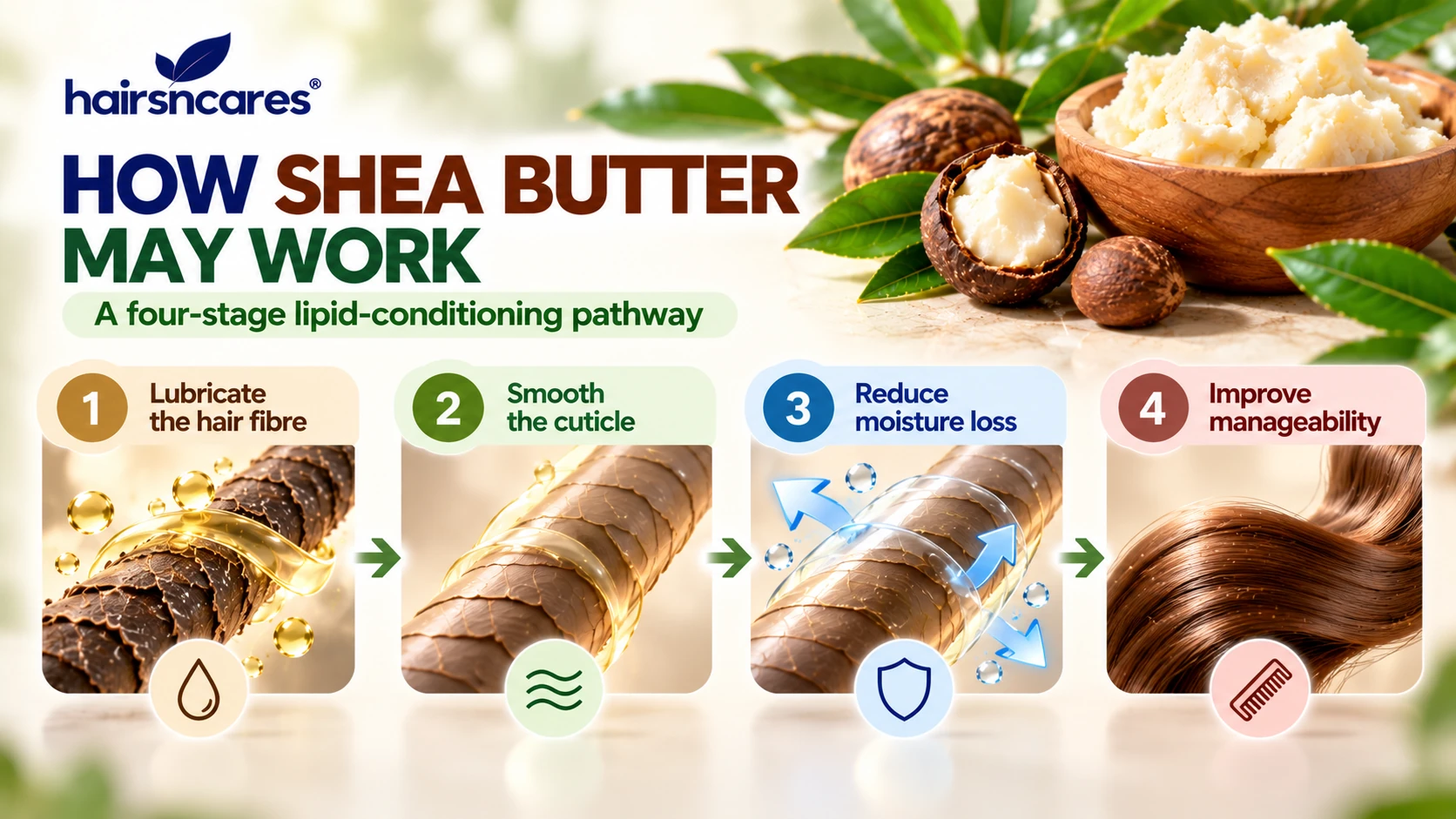 How Shea Butter Works on Hair – Lipid Conditioning Pathway How Shea Butter may condition hair by lubricating the fibre smoothing the cuticle reducing moisture loss and improving manageability
