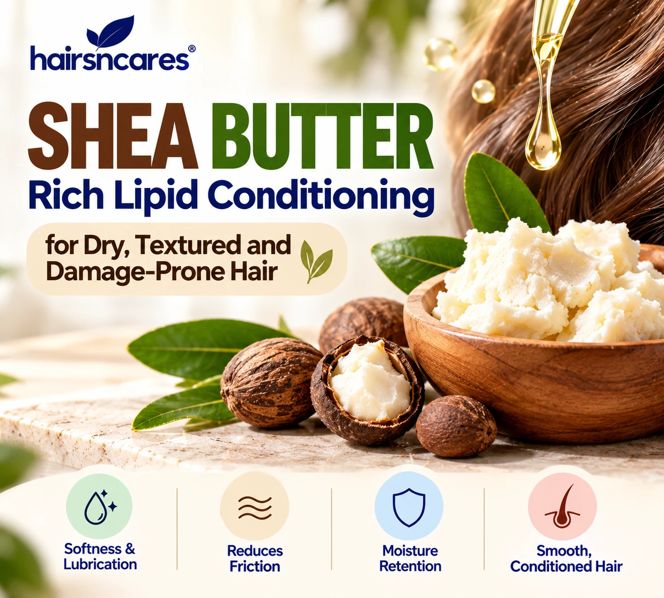 Shea Butter for Dry, Textured & Damage-Prone Hair Shea Butter for dry textured and damage-prone hair showing rich lipid conditioning softness lubrication and moisture retention