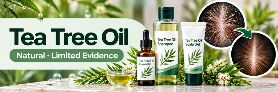 Tea tree oil scalp care products showing labelled essential oil, shampoo, and scalp gel bottles with tea tree leaves and illustrations of flaky and cleaner-looking scalp.