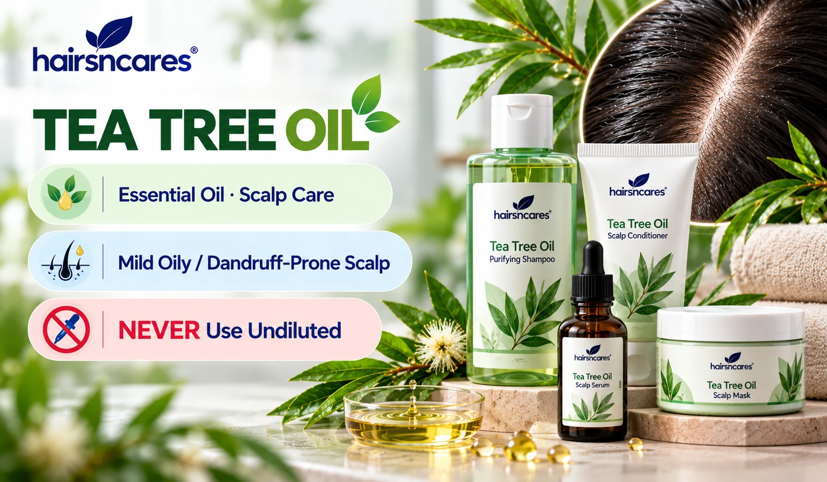 Tea Tree Oil ingredient overview for formulated scalp care with warning never to use undiluted