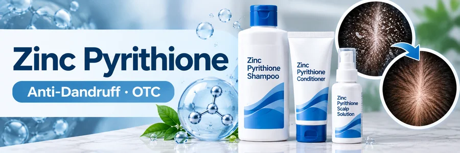 Zinc pyrithione anti-dandruff shampoo, conditioner, and scalp solution with labelled product bottles and scalp illustrations showing dandruff flakes and scalp care.