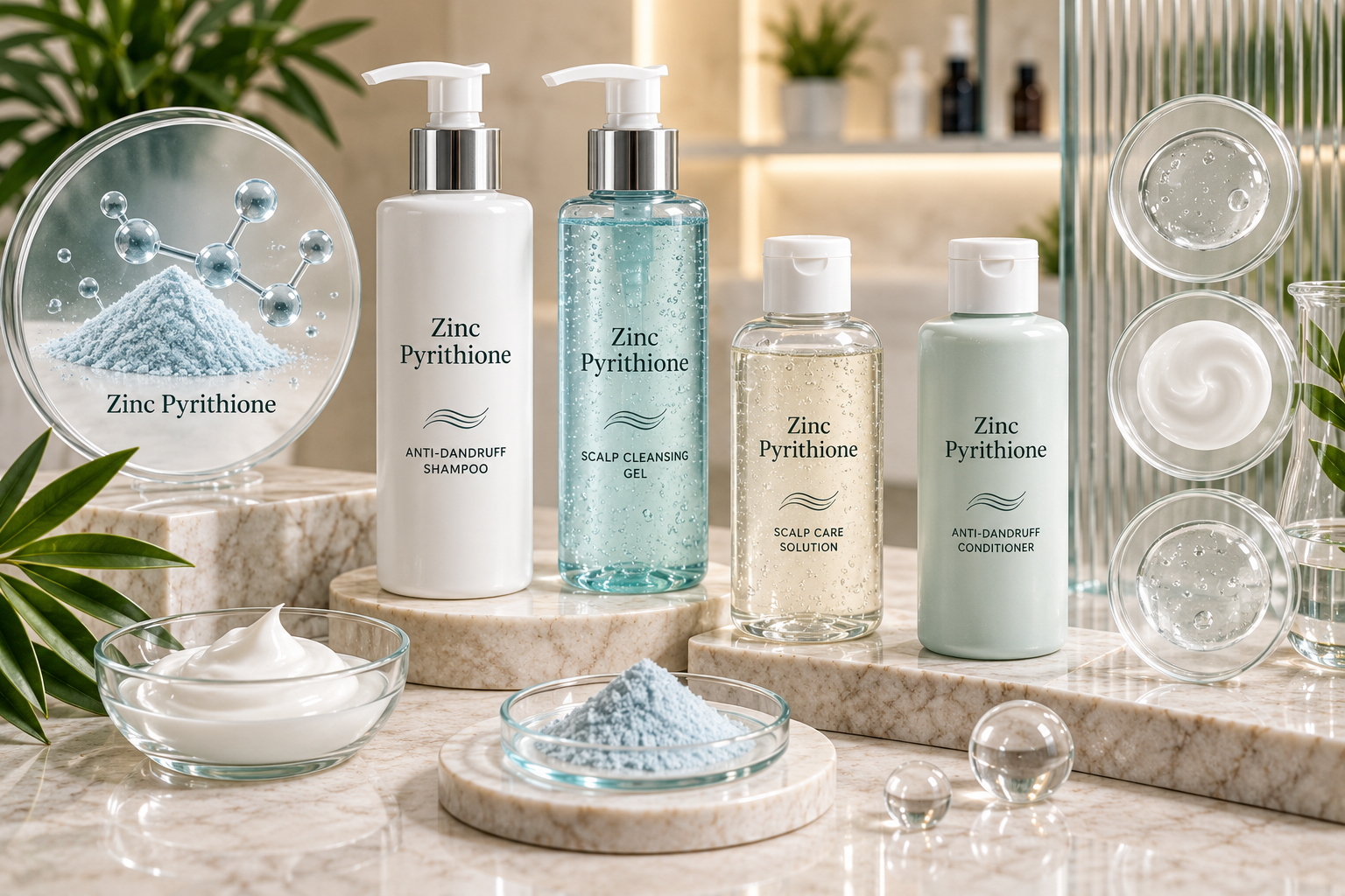 Zinc Pyrithione cosmetic active represented in anti-dandruff scalp shampoo formulations