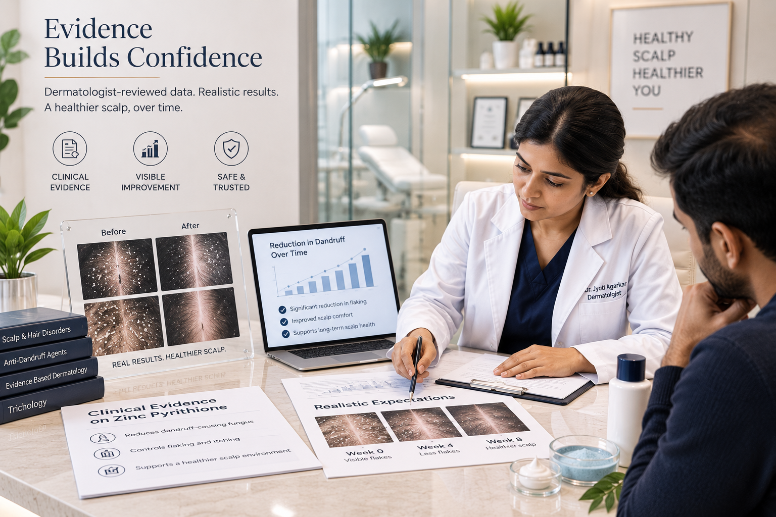 Dermatologist reviewing research and scalp photographs for Zinc Pyrithione dandruff care