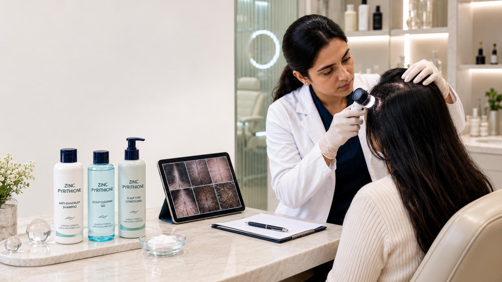 Dermatologist investigating persistent scalp flaking and inflammation instead of relying on Zinc Pyrithione shampoo alone