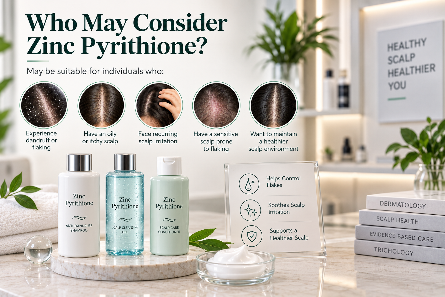 Zinc Pyrithione anti-dandruff shampoo shown with gentle scalp application and thorough rinsing