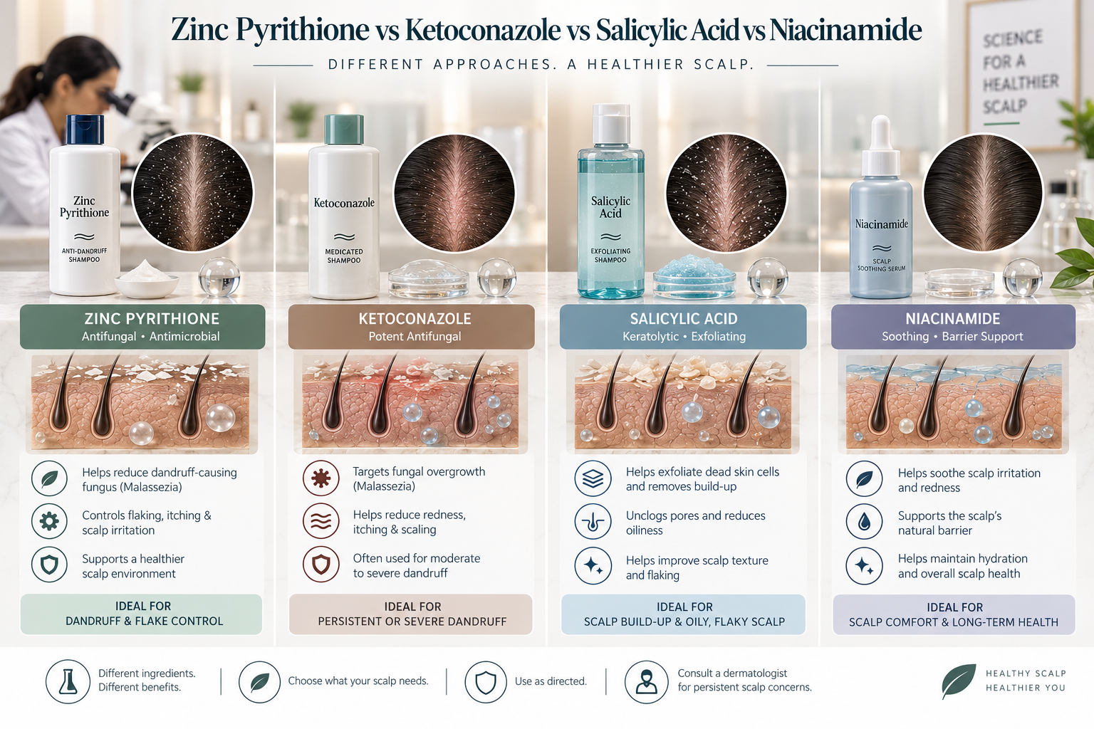 Zinc Pyrithione Ketoconazole Salicylic Acid and Niacinamide represented as different scalp-care pathways