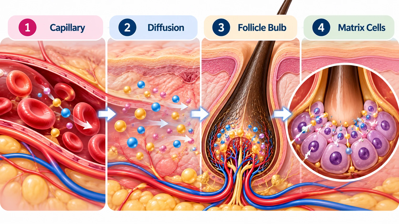 Diagram showing oxygen and nutrients moving from a capillary through tissue fluid toward hair matrix cells.