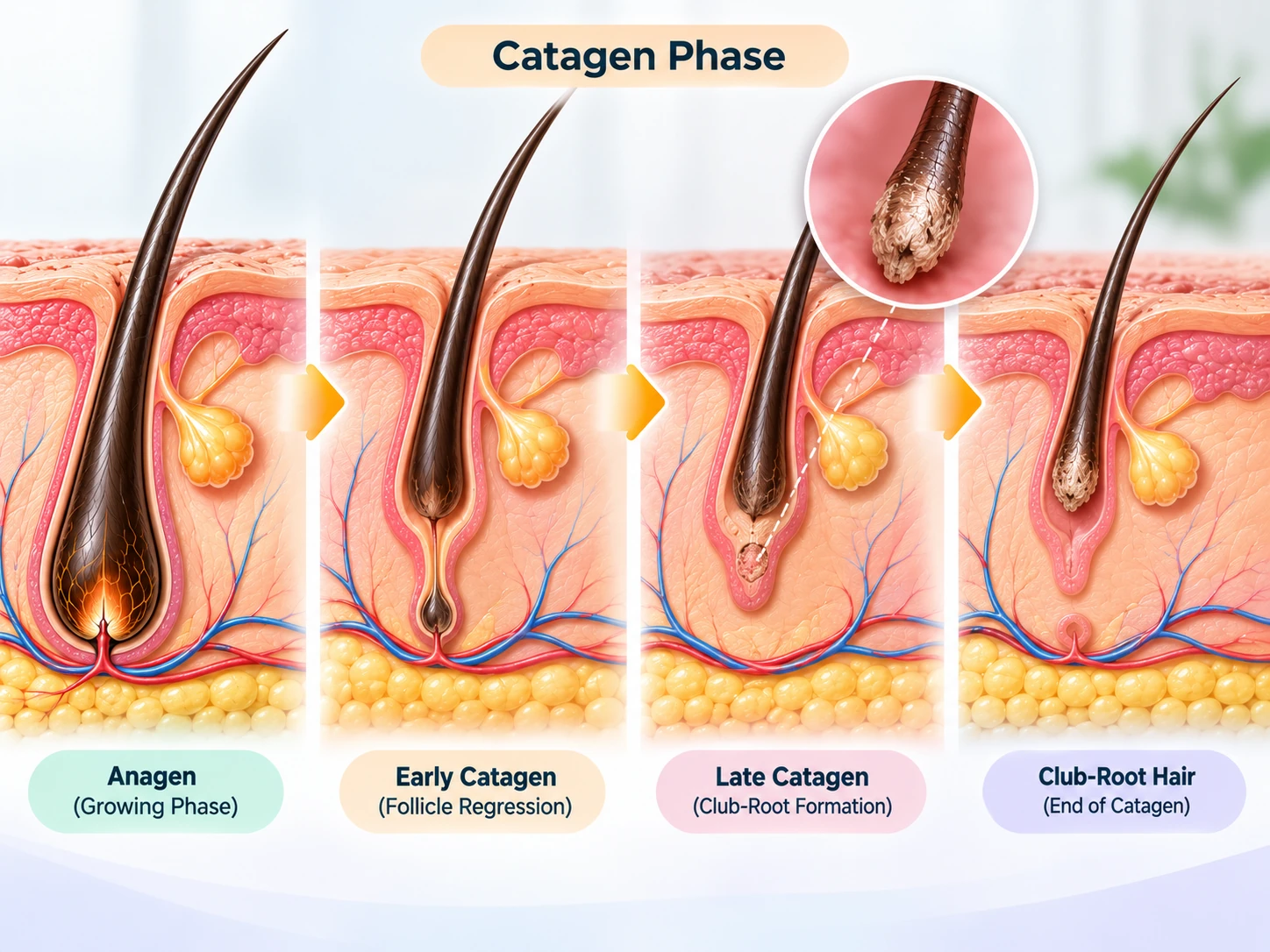 Catagen hair follicle showing regression of the lower follicle after active growth stops.