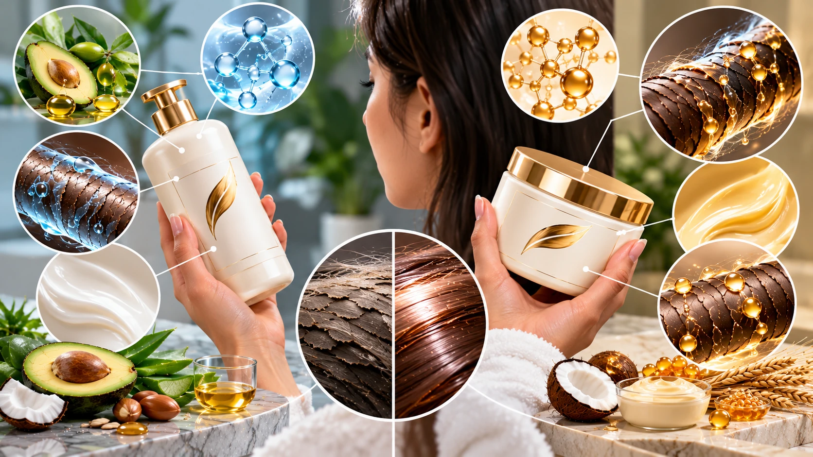 Abstract illustration of conditioner and hair-mask ingredient label comparison for consumer education