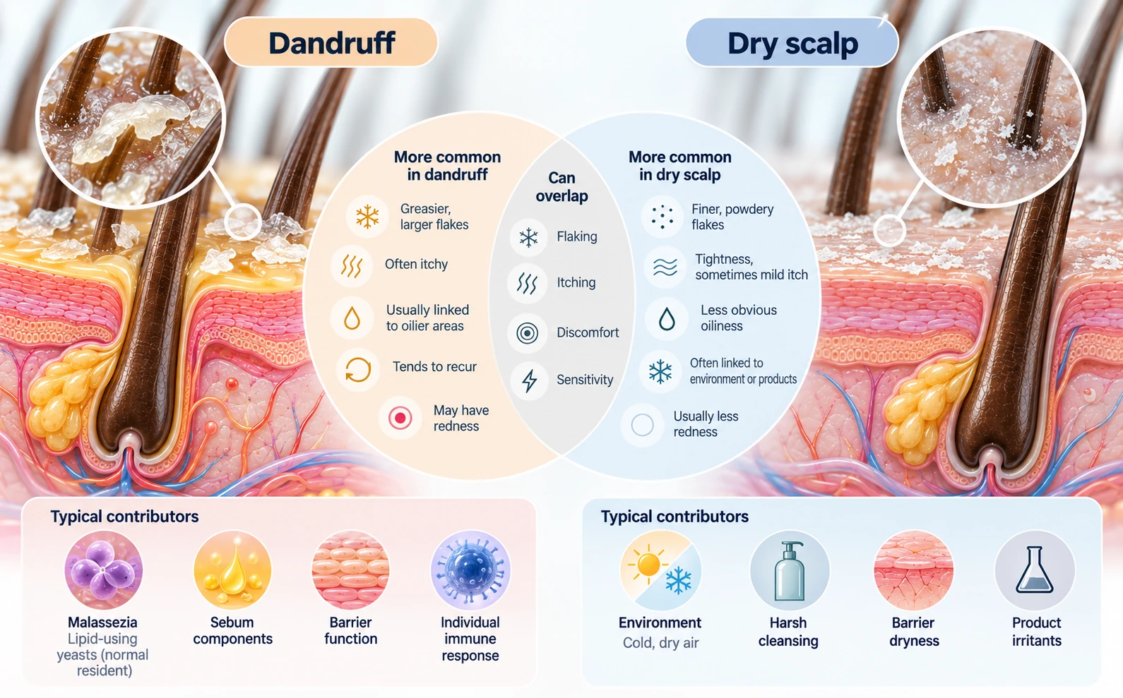 Educational comparison of common dandruff and dry-scalp features, noting that symptoms may overlap.