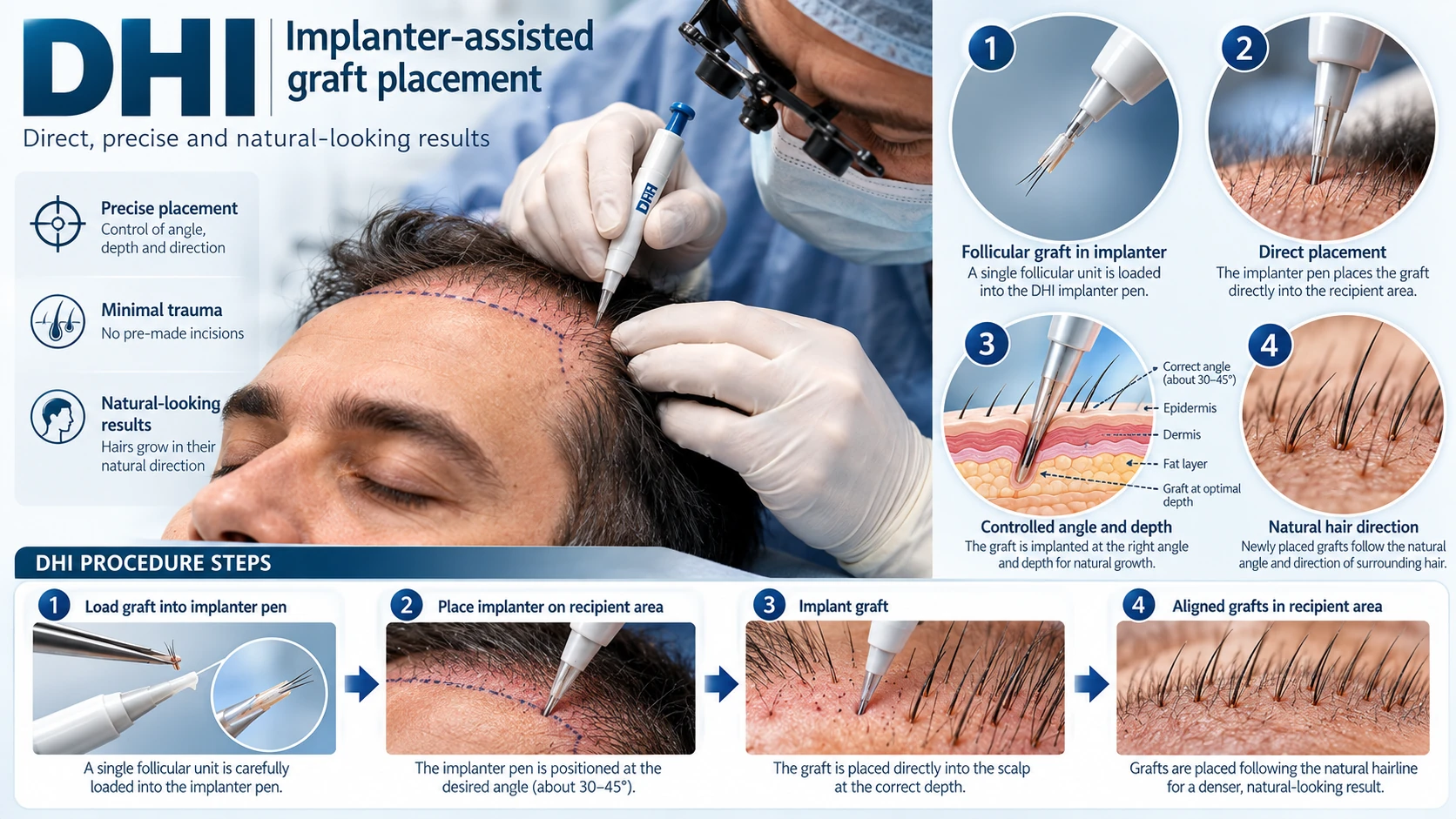 DHI implanter-assisted graft placement concept, illustrated for patient education
