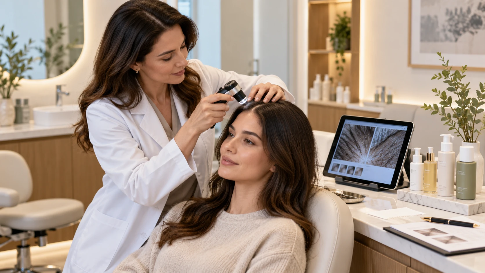 A calm dermatologist-led scalp assessment and wash-routine consultation environment
