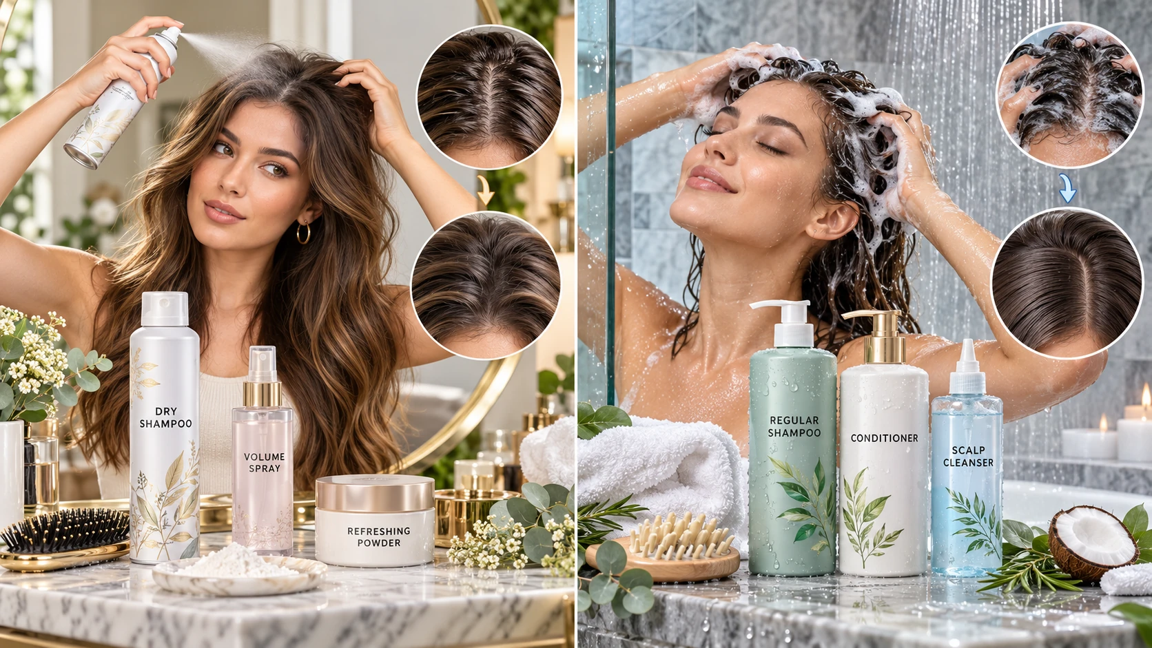 Scientific comparison of dry shampoo oil absorption and regular shampoo surfactant cleansing for scalp health