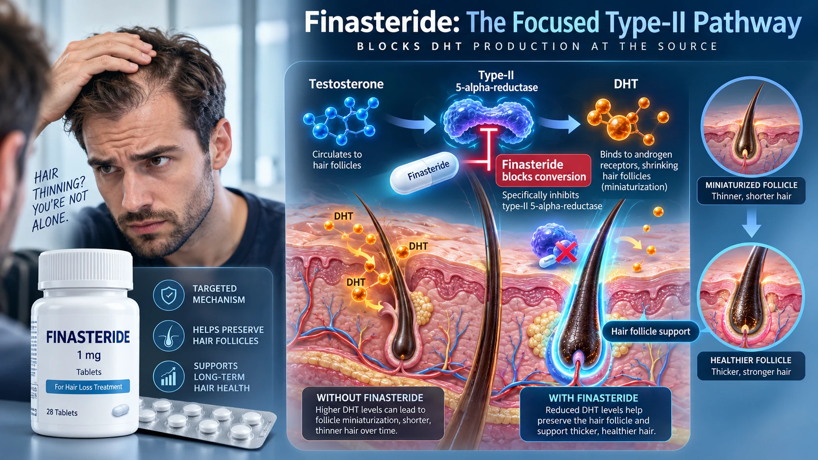 Finasteride's focused action on the Type-II enzyme pathway, illustrated for patient education