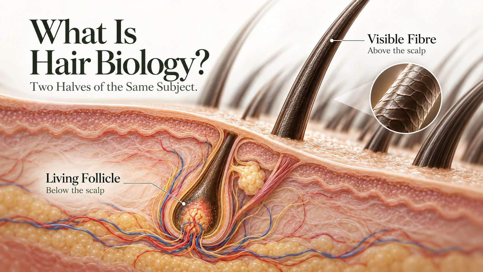Split visual comparing a living hair follicle beneath the skin with the inert hair fibre above it