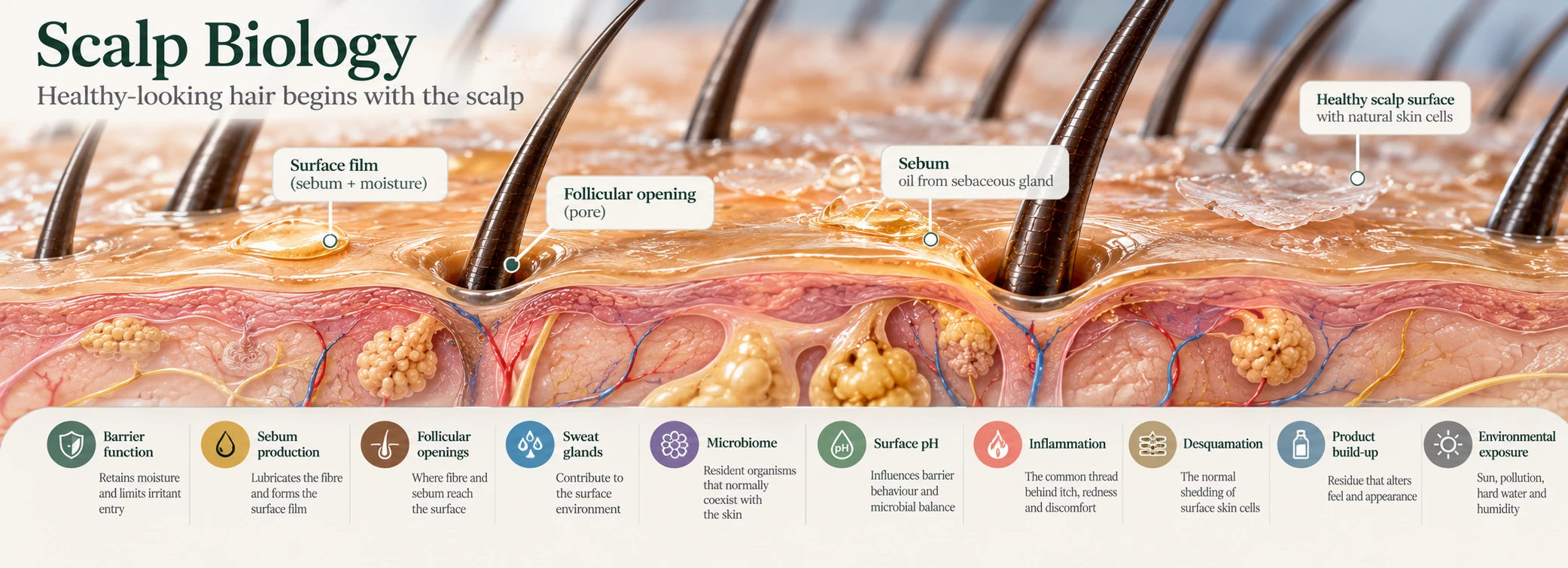 Scientific scalp visual showing hair shafts, follicular openings and the surface barrier