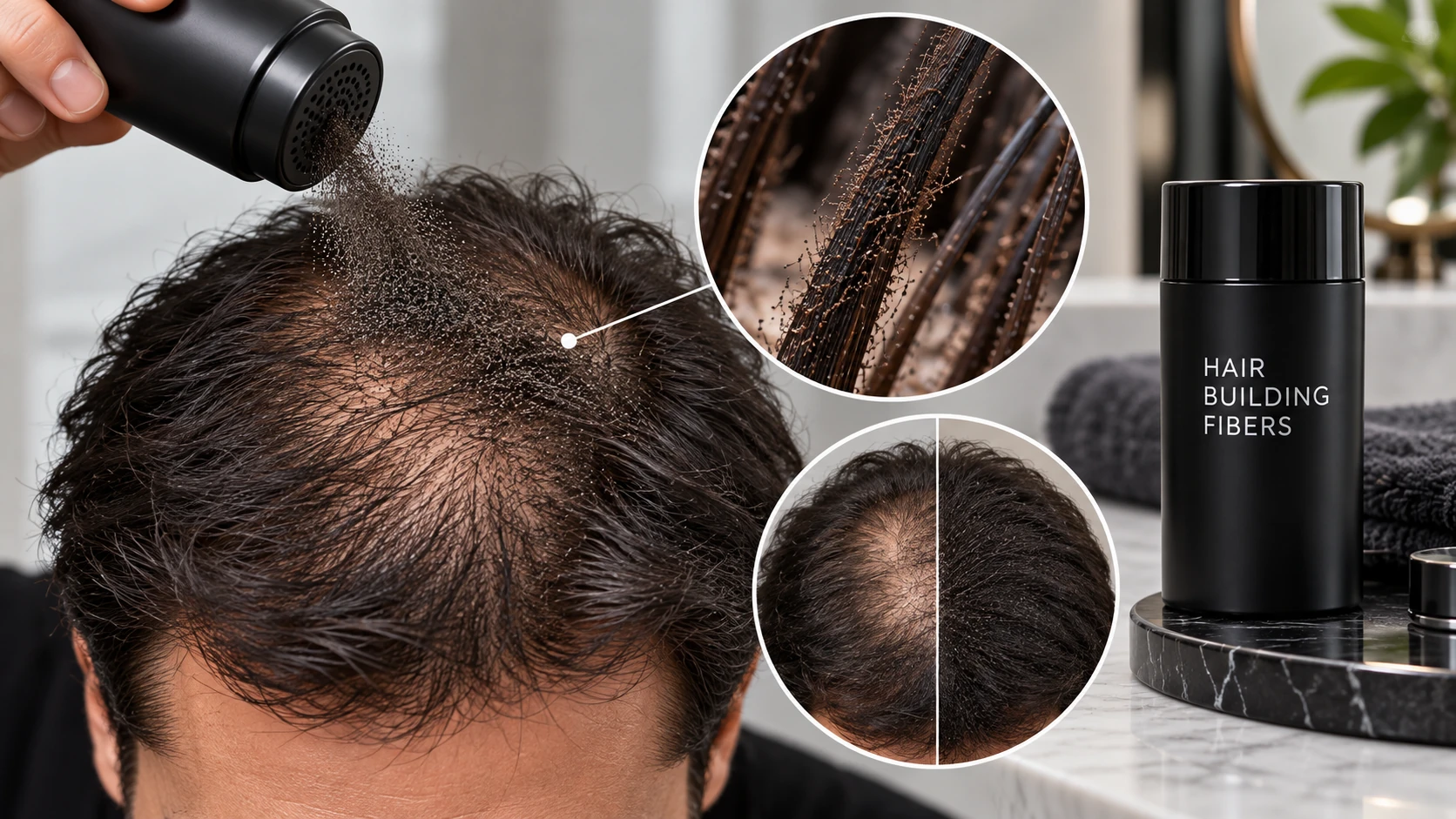 Abstract illustration of hair-building fibers attaching to existing hair shafts to increase apparent shaft diameter