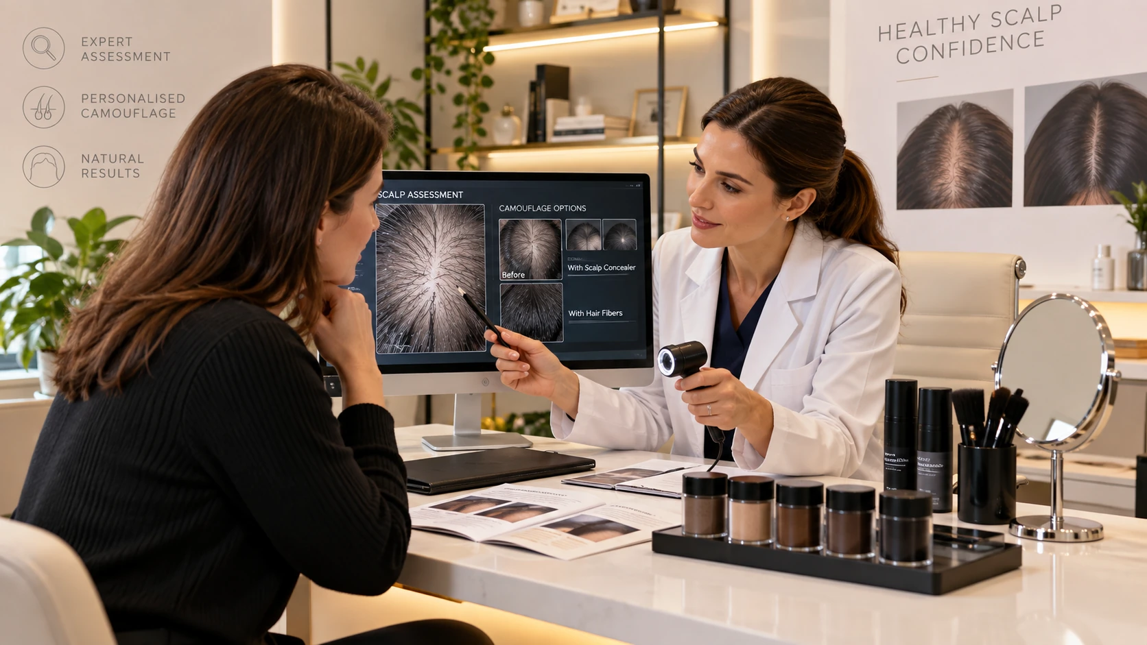 A calm dermatologist-led hair camouflage and scalp assessment consultation environment