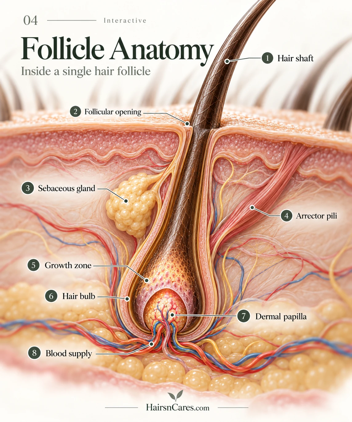 Anatomical cutaway of a hair follicle showing the bulb, matrix and dermal papilla.