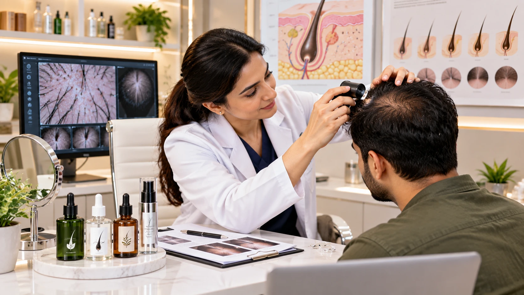 A calm dermatologist-led hair serum and scalp assessment consultation environment