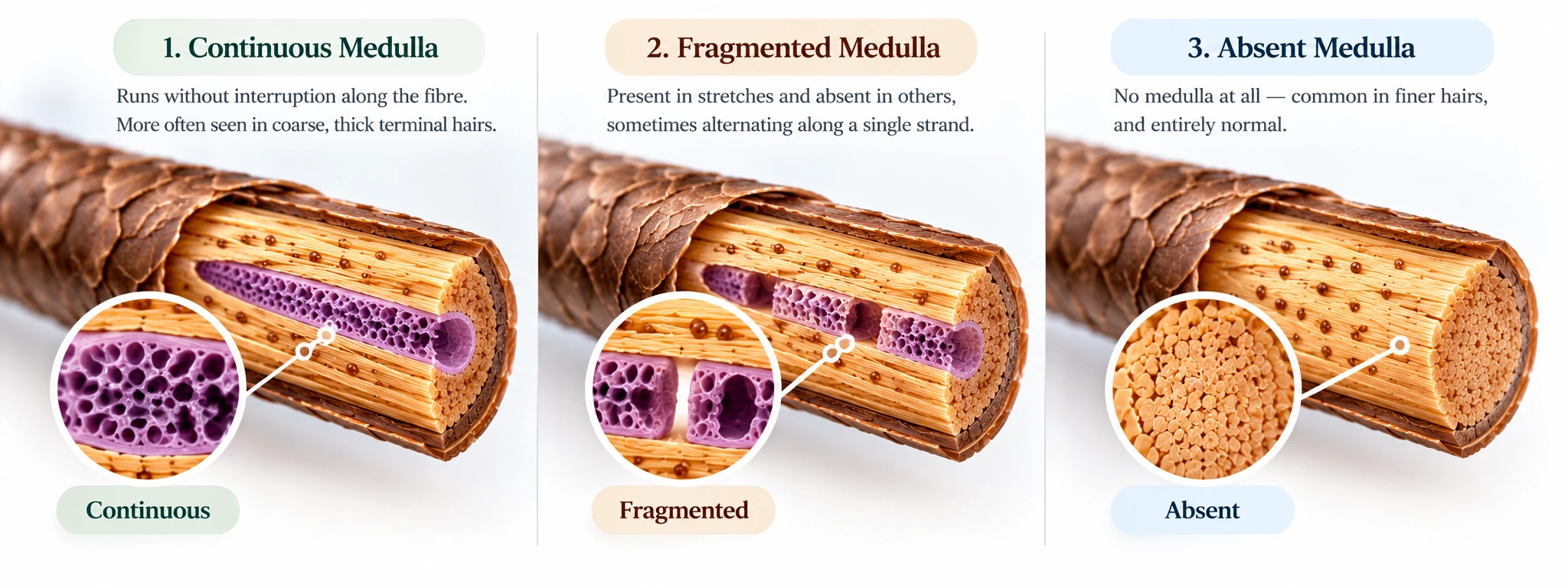 Comparison showing continuous, fragmented and absent medulla patterns in human hair fibres.